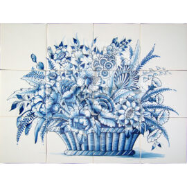 Antique Delft tile mural in blue with a richly decorated flower vase and  two dogs at guard on the sides, 18th century