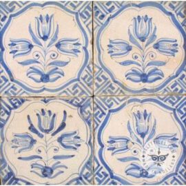 Four Antique Delft Blue Tulip Tiles #B4