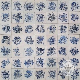 18th Century Antique Delft Blue Big Flower Tiles