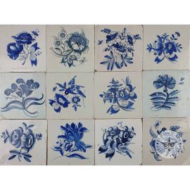 18th Century Antique Delft Blue Tiles Big Flowers