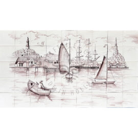 Nantucket Harbour Scene tile Panel 9×5 tiles Sepia (S45a_s)